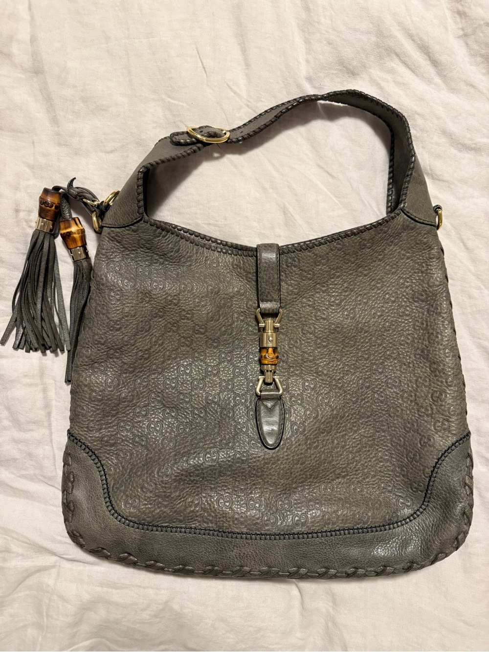 Gucci Jackie Gray Leather Hobo with Bamboo Tassel